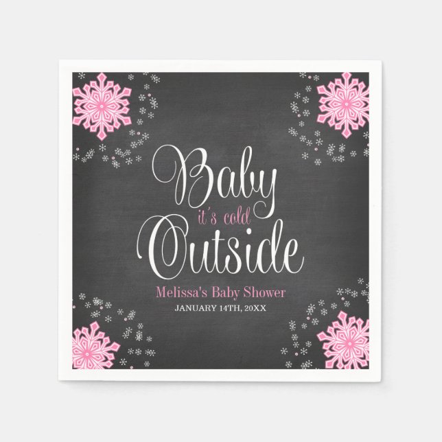 Baby It's Cold Outside Pink Snowflakes Baby Shower Napkin (Front)