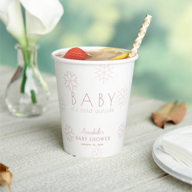 Baby It's Cold Outside Pink Snowflakes Baby Shower Paper Cups (Insitu)