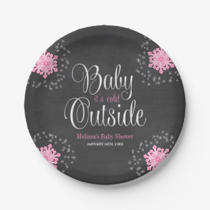 Baby It's Cold Outside Pink Snowflakes Baby Shower Paper Plate