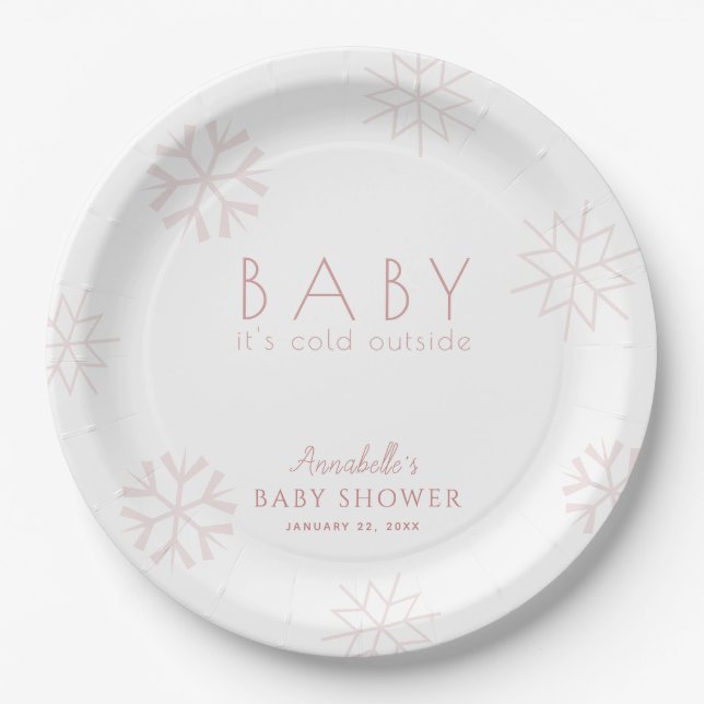 Baby It's Cold Outside Pink Snowflakes Baby Shower Paper Plate (Front)
