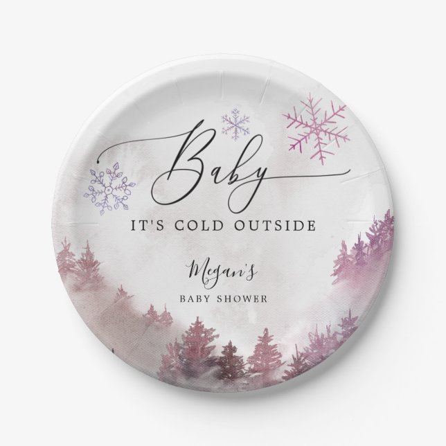 Baby It's Cold Outside Pink Snowflakes Shower Paper Plate (Front)