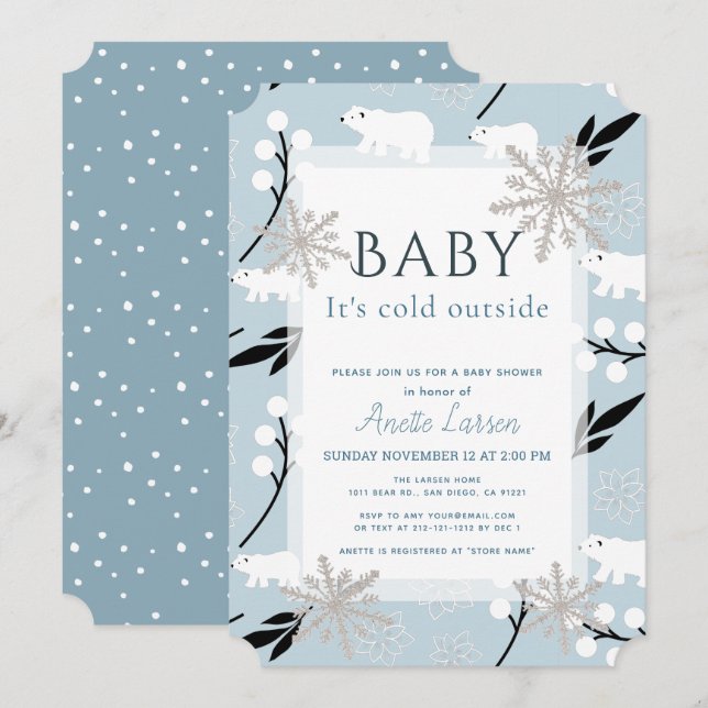 Baby Its Cold Outside Polar Bear Blue Baby Shower Invitation (Front/Back)