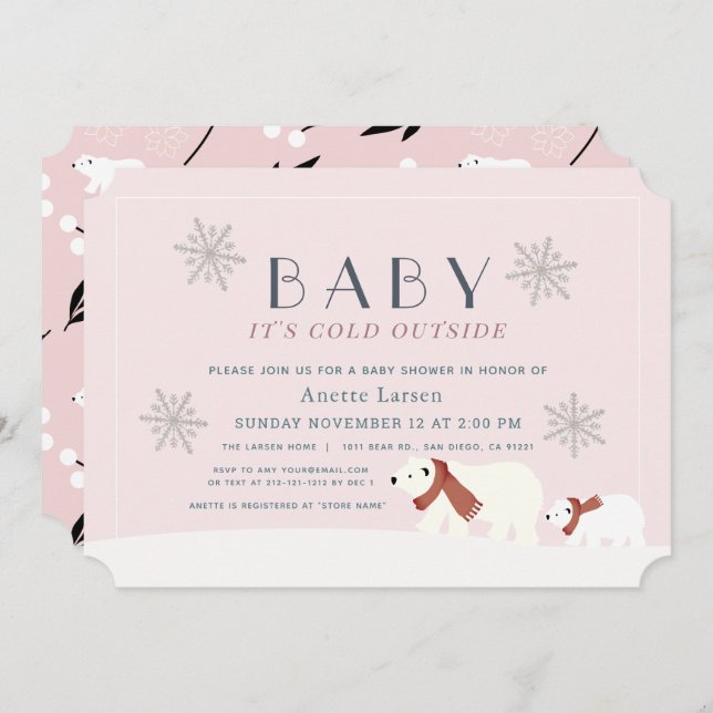 Baby Its Cold Outside Polar Bears Pink Baby Shower Invitation (Front/Back)