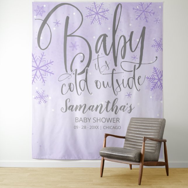 Baby It's Cold Outside Purple Baby Shower Backdrop Tapestry (In Situ)