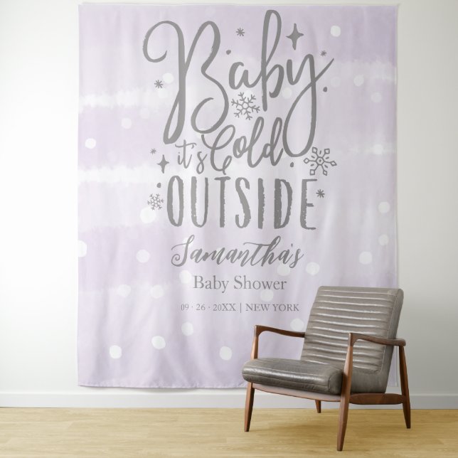 Baby It's Cold Outside Purple Baby Shower Backdrop Tapestry (In Situ)