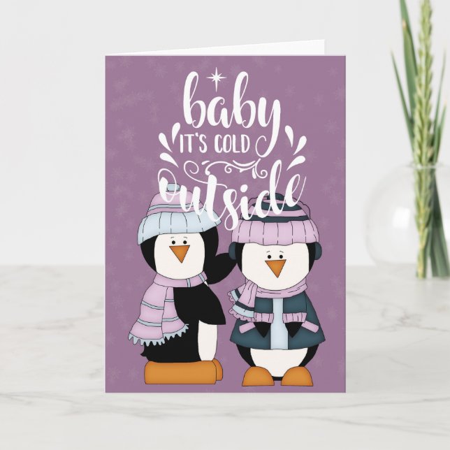 Baby It's Cold Outside Purple & Blue Penguins Card (Front)