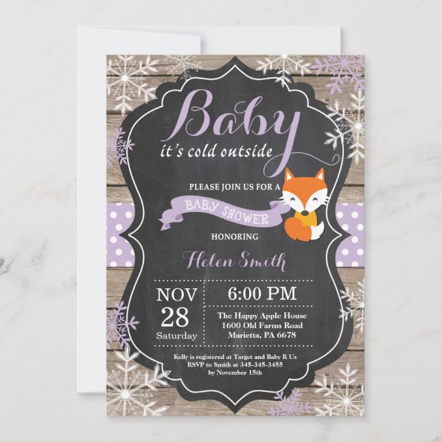 Baby its Cold Outside Purple Fox Girl Baby Shower Invitation (Front)