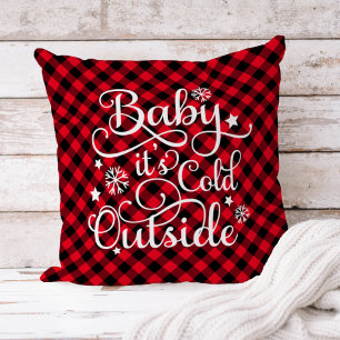 Baby Its Cold Outside Red Plaid Christmas Cushion