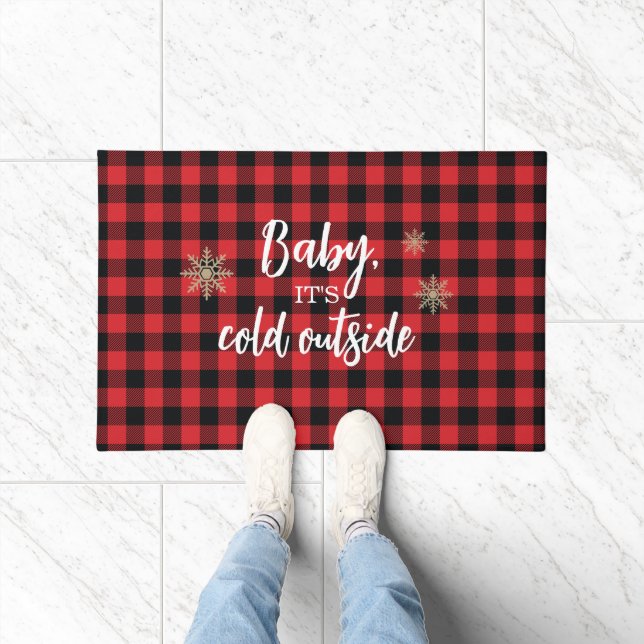 Baby It's Cold Outside Red Plaid Doormat (Indoor)