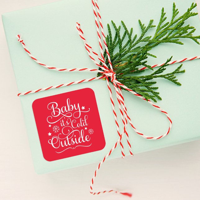 Baby It's Cold Outside Red Script Holiday Square Sticker (Creator Uploaded)