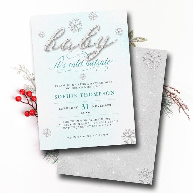 Baby Its Cold Outside Rhinestones Glitter Shower Invitation (baby its cold outside neutral baby shower invitation rhinestones snowflakes winter wonderland white)