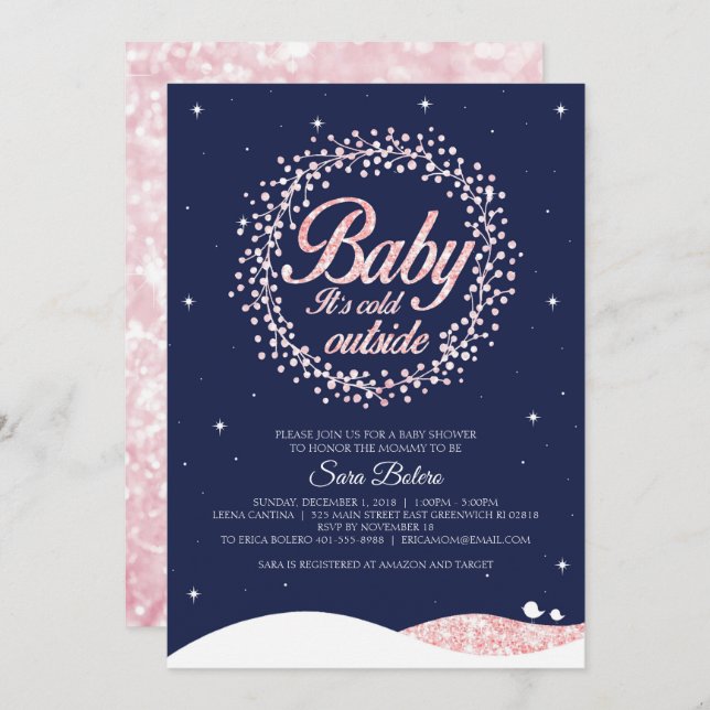 Baby It's Cold Outside Shower Navy Pink Sparkle Invitation (Front/Back)