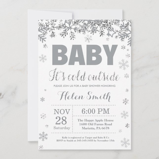 Baby its Cold Outside Silver and Grey Baby Shower Invitation (Front)