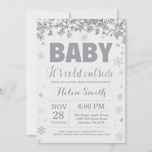 Baby its Cold Outside Silver and Grey Baby Shower Invitation (Front)