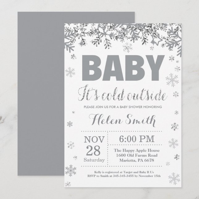 Baby its Cold Outside Silver and Grey Baby Shower Invitation (Front/Back)