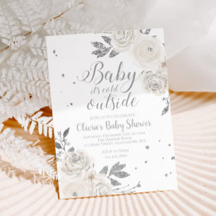Baby it's Cold Outside Silver Floral Baby Shower I Invitation
