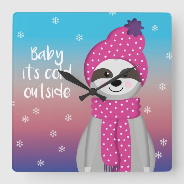 Baby its cold outside Sloth Square Wall Clock (Front)