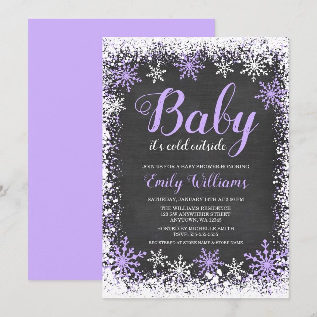 Baby Its Cold Outside Snow Purple Girl Baby Shower Invitation (Front/Back)