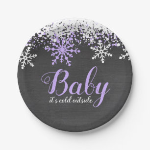 Baby Its Cold Outside Snow Purple Girl Baby Shower Paper Plate