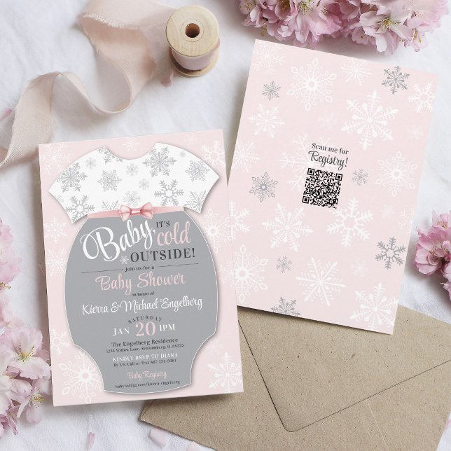 Baby Its Cold Outside Snowflake Girl Winter Shower Invitation (Custom pink bodysuit Baby It's Cold Outside bow winter snowflake girl shower invitation digital QR)