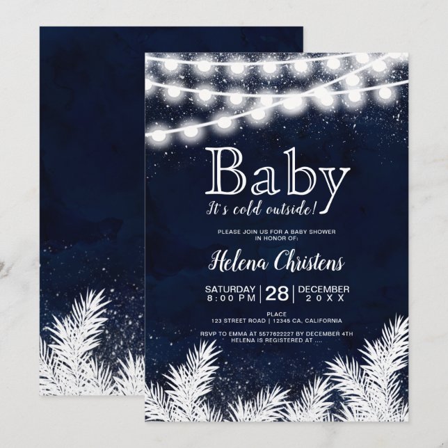 Baby it's cold outside string light pine blue invitation (Front/Back)