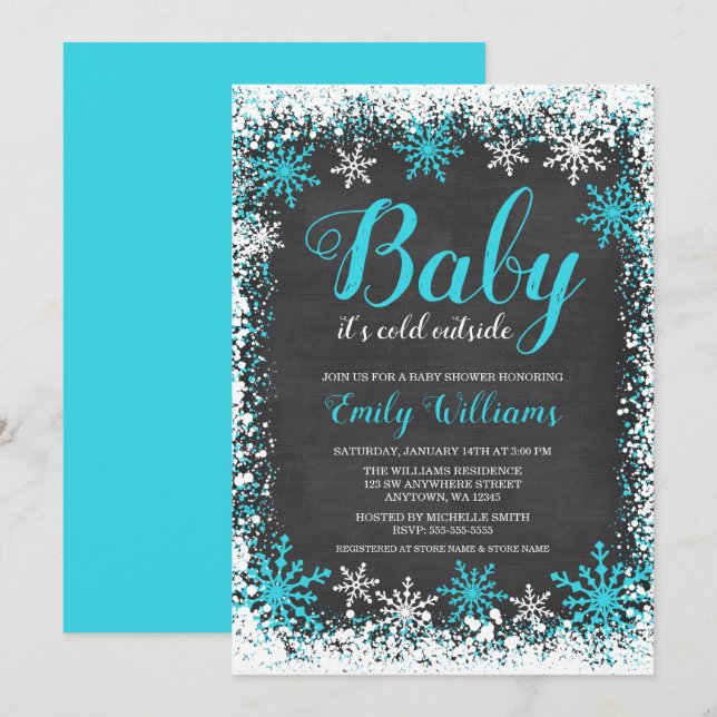 Baby Its Cold Outside Teal Snow Winter Baby Shower Invitation (Front/Back)