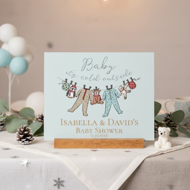 Baby Its Cold Outside Winter Baby Shower Acrylic Sign (Baby It's Cold Outside Baby Blue Winter Baby Shower Sign. Cute Winter Wonderland Animals & Pajamas)