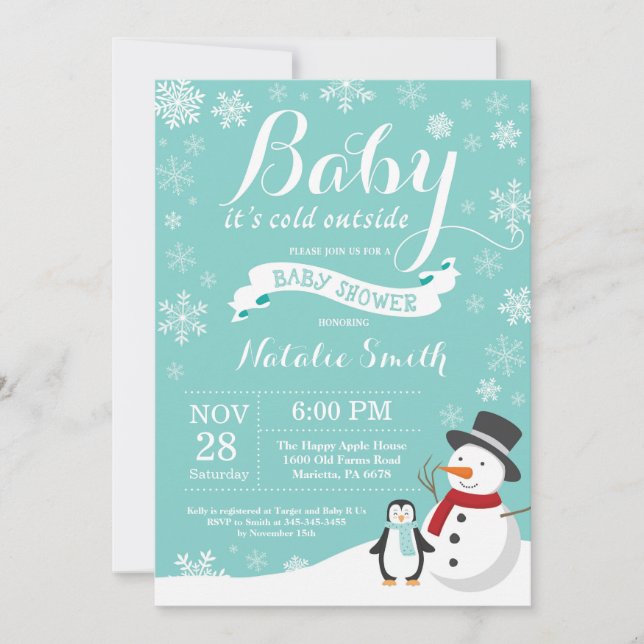 Baby Its Cold Outside Winter Baby Shower Aqua Invitation (Front)
