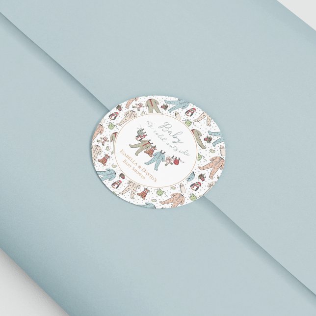 Baby Its Cold Outside Winter Baby Shower Classic Round Sticker (White Christmas Baby Shower Sticker. Holiday Pattern of Baby Pajama, Penguin, Reindeer & Teddy Bear)