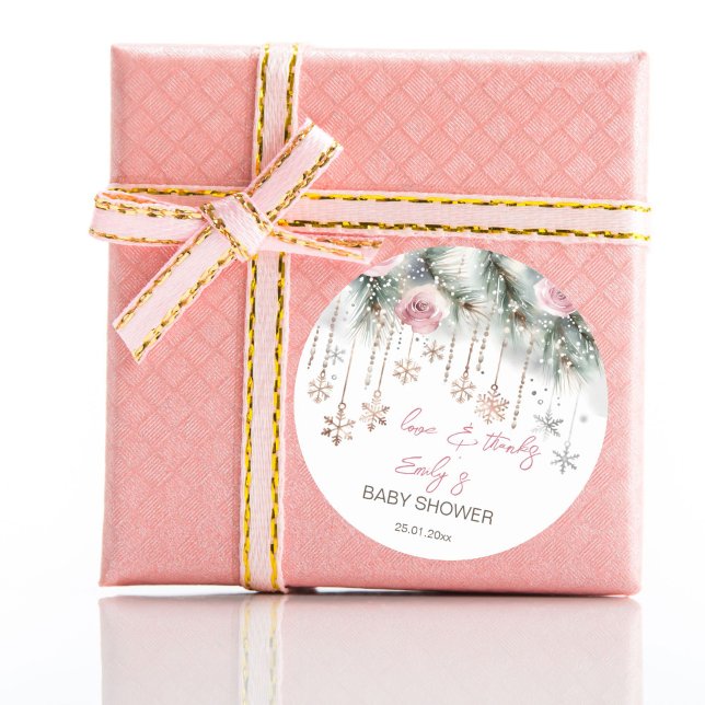 Baby it's cold outside winter baby shower favour classic round sticker (Baby it's cold outside winter baby shower favor sticker blush pink roses snowflakes thank you sticke)