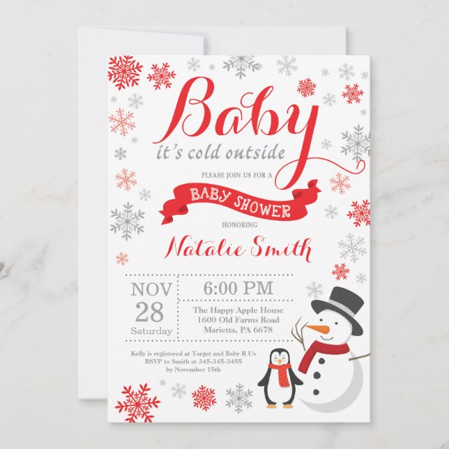 Baby Its Cold Outside Winter Baby Shower Red Invitation (Front)