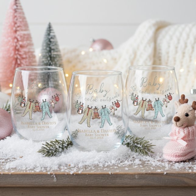 Baby Its Cold Outside Winter Baby Shower Stemless Wine Glass (Winter Baby Shower Baby It's Cold Outside Wine Glass for Her. Cute Christmas Pajamas, Winter Animals)