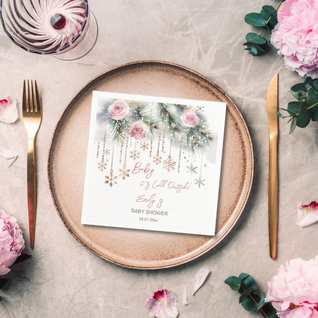 Baby its cold outside winter baby shower tableware napkin (Baby its cold outside winter baby shower tableware personalized template napkins blush pink snow)