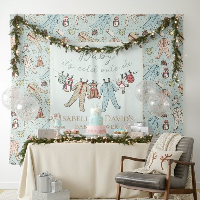 Baby Its Cold Outside Winter Baby Shower Tapestry (Mint Baby It's Cold Outside Winter Baby Shower Backdrop Cute Pajamas,Teddy Bears,Penguins, Reindeer)