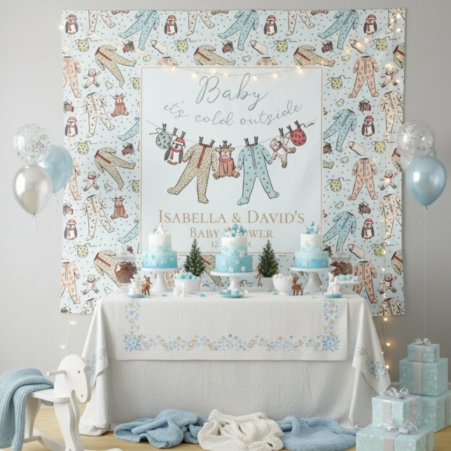 Baby Its Cold Outside Winter Baby Shower Tapestry (Baby It's Cold Outside Winter Baby Shower Backdrop in Baby Blue. Cute Pajamas, Teddy Bears, Penguins)