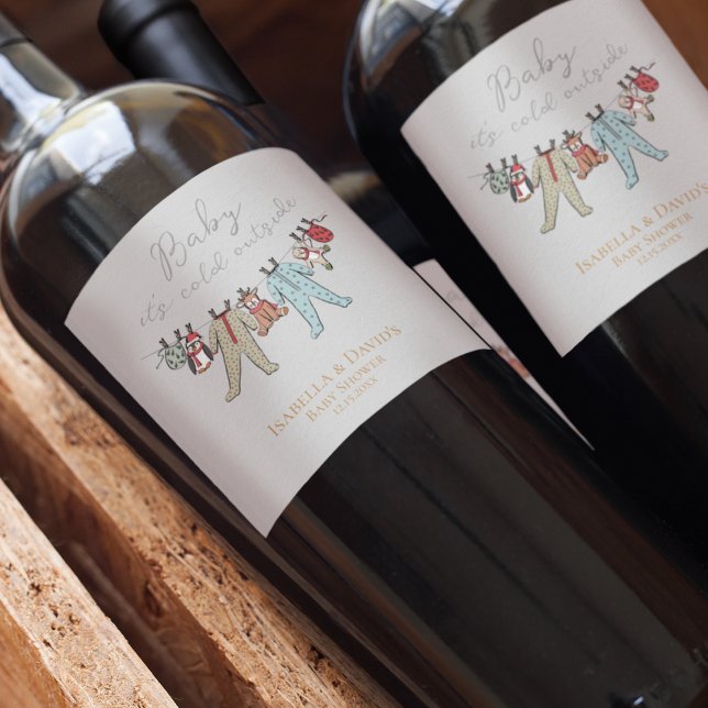 Baby Its Cold Outside Winter Baby Shower Wine Label (Elegant & Cute Winter Baby Shower "Baby it's Cold Outside" Wine Labels. Customize with Name & Date.)