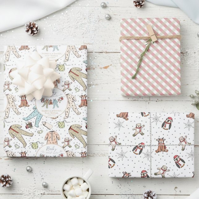 Baby Its Cold Outside Winter Baby Shower Wrapping Paper Sheet (Christmas Baby Pajamas and Penguin, Reindeer, Teddy Bear Pattern for Winter Baby Shower Gift Wrap)