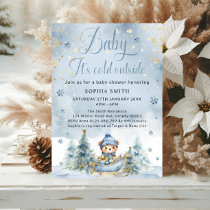 Baby It's Cold Outside Winter Bear │Blue Gold Invitation