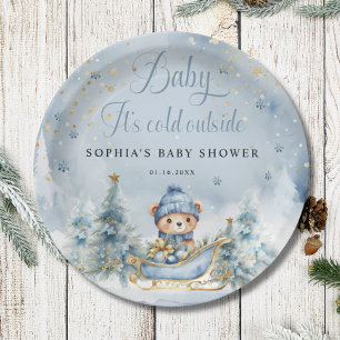Baby It's Cold Outside Winter Bear │Blue Gold Paper Plate