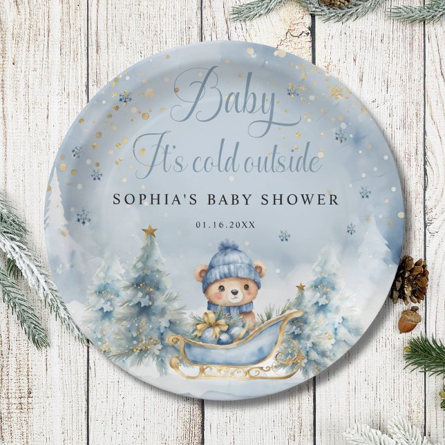 Baby It's Cold Outside Winter Bear │Blue Gold Paper Plate (Creator Uploaded)
