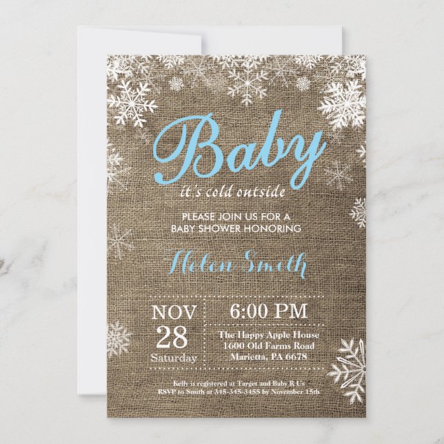 Baby its Cold Outside Winter Blue Boy Baby Shower Invitation (Front)