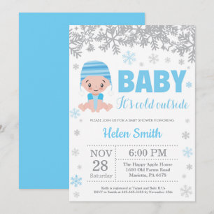 Baby its Cold Outside Winter Blue Boy Baby Shower Invitation