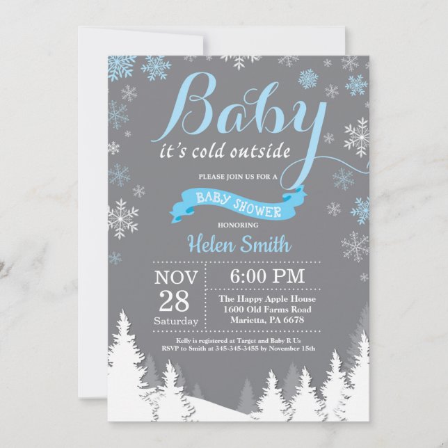 Baby its Cold Outside Winter Blue Boy Baby Shower Invitation (Front)