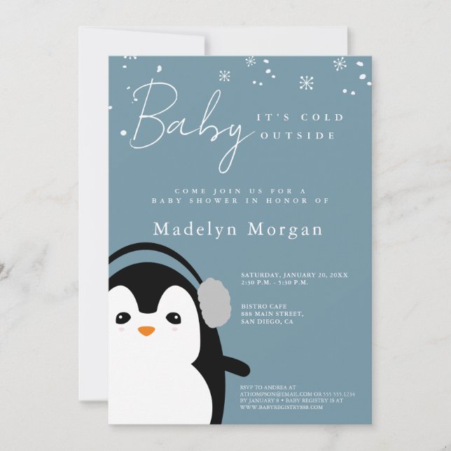 Baby It's Cold Outside Winter Blue Cute Penguin  Invitation (Front)