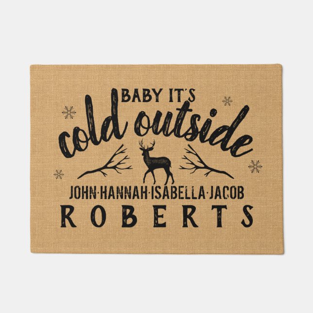 Baby Its Cold Outside Winter Deer Burlap Custom Doormat (Front)