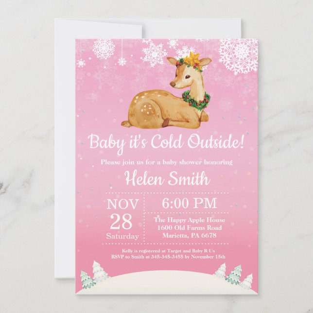 Baby its Cold Outside Winter Deer Girl Baby Shower Invitation (Front)