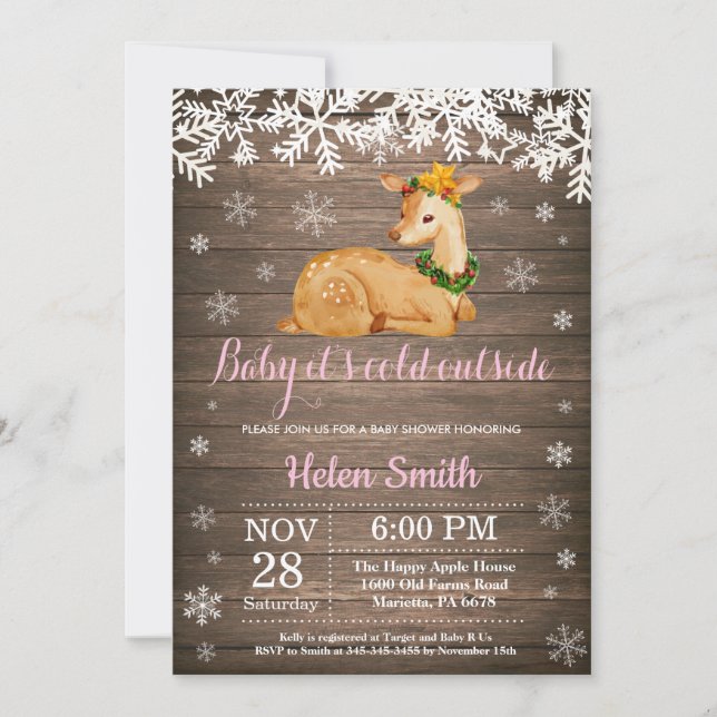 Baby its Cold Outside Winter Deer Girl Baby Shower Invitation (Front)
