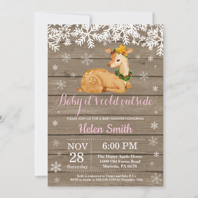 Baby its Cold Outside Winter Deer Girl Baby Shower Invitation (Front)