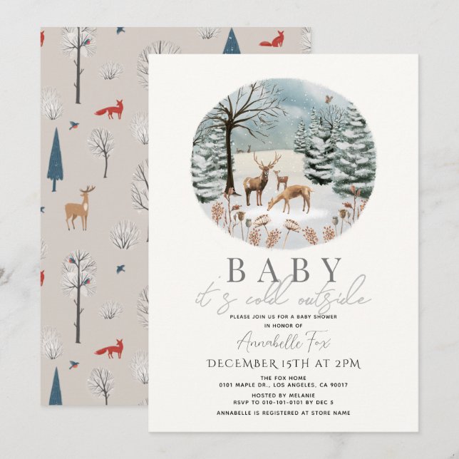 Baby It's Cold Outside Winter Forest Baby Shower Invitation (Front/Back)