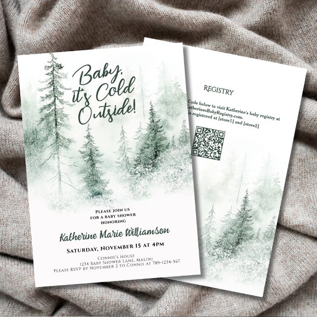Baby Its Cold Outside Winter Forest Baby Shower Invitation (Baby It's Cold Outside Winter Forest Baby Shower Invitation with Watercolor Green Forest, QR Code.)